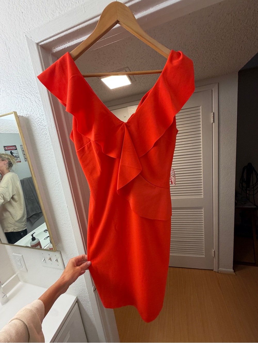 Alexia Admor Bright Red Ruffle V-Neck Midi Dress
